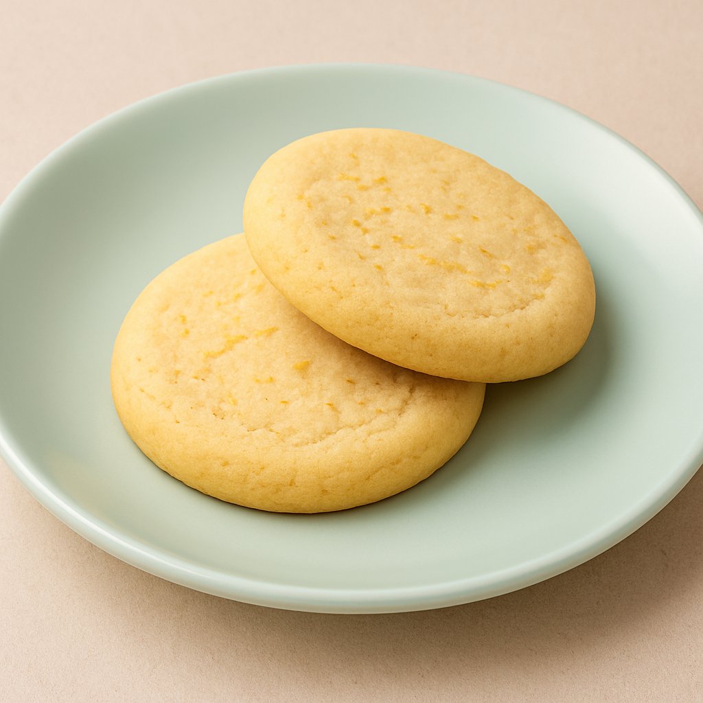 Two lemon cookies on a light aqua plate.